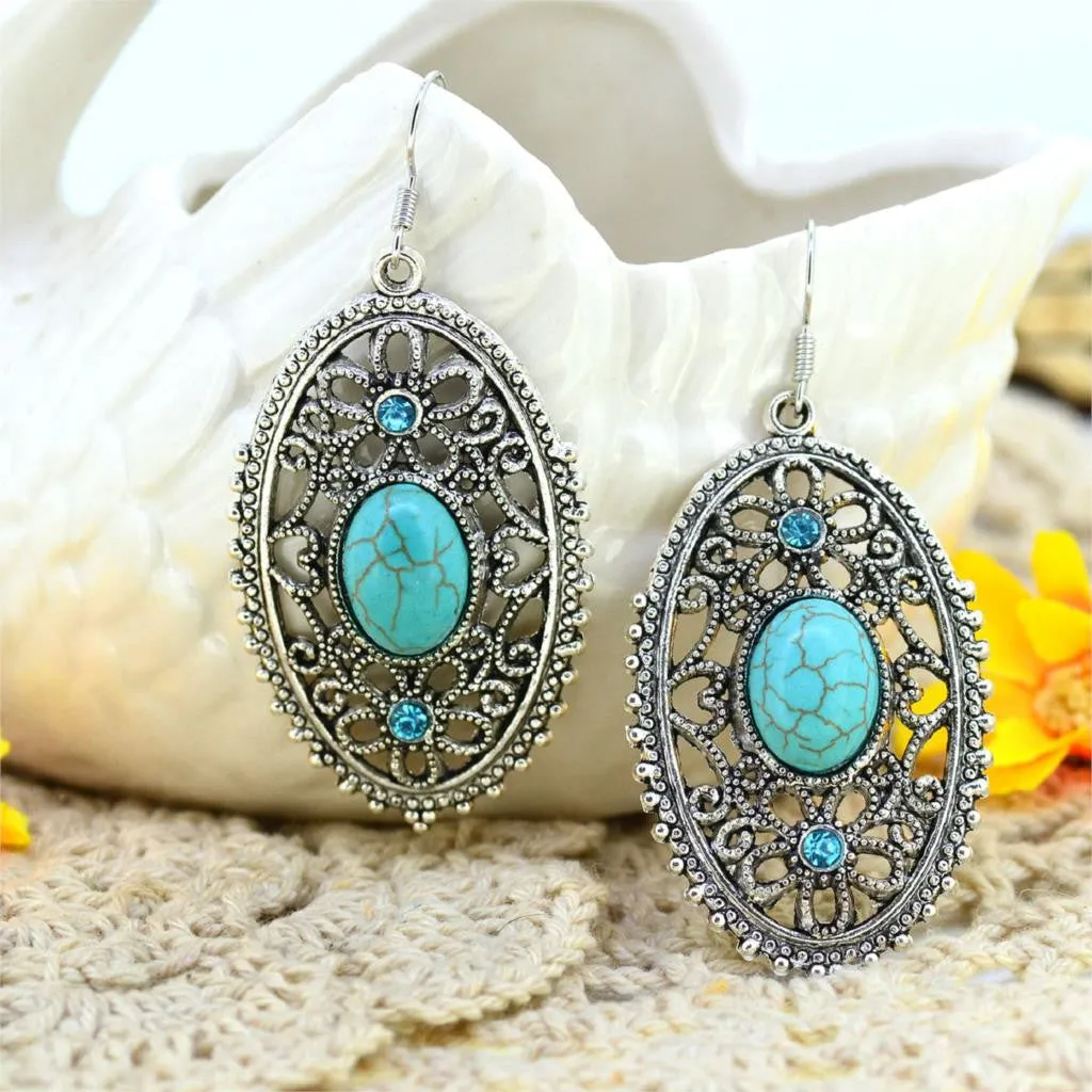 Fashion Women's Long Drop Earrings Silver Brilliant Turquoise Dangle earrings For women