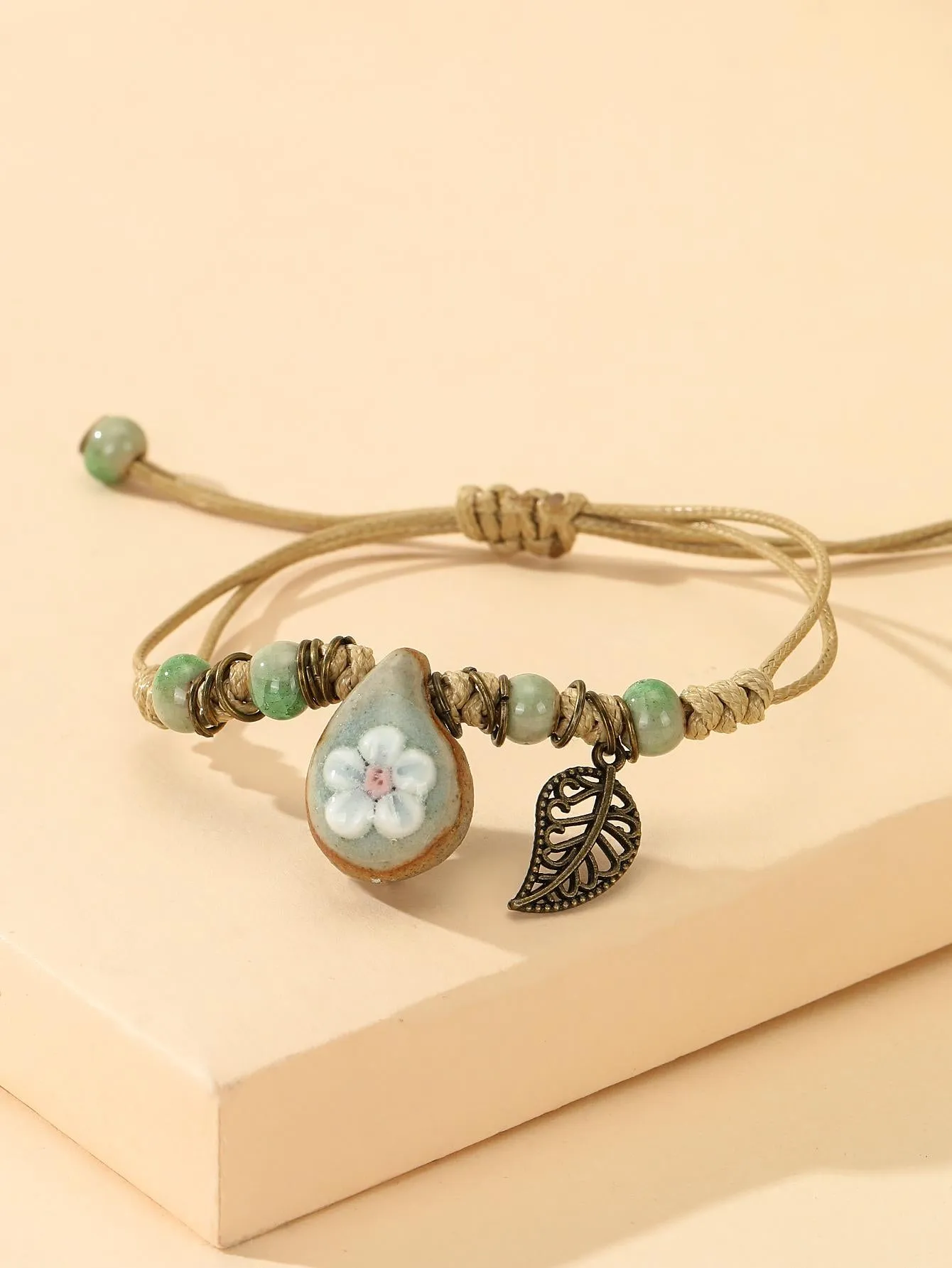 Flower Detail Water-drop & Leaf Charm Bracelet Women Bracelet Stackable Bracelet