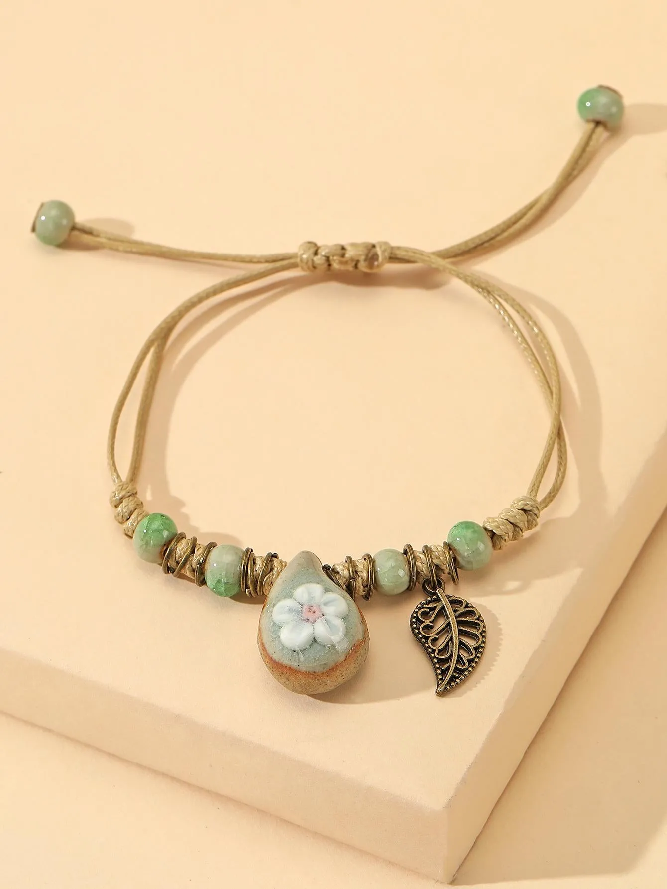 Flower Detail Water-drop & Leaf Charm Bracelet Women Bracelet Stackable Bracelet