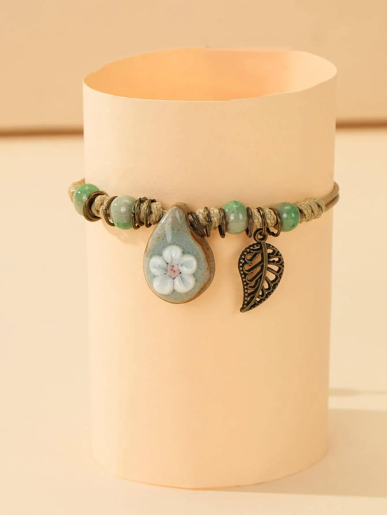 Flower Detail Water-drop & Leaf Charm Bracelet Women Bracelet Stackable Bracelet