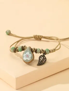 Flower Detail Water-drop & Leaf Charm Bracelet Women Bracelet Stackable Bracelet