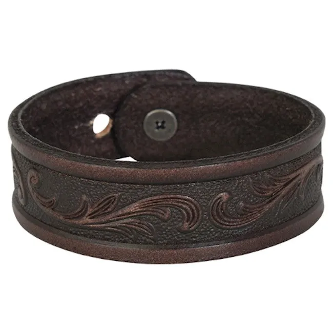 GENUINE TOOLED LEATHER DARK BROWN BRACELET