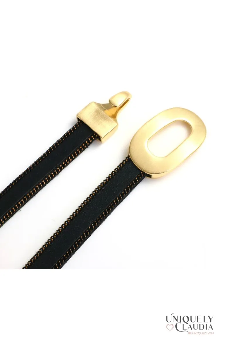 Glam Oval Goldtone Vegan Leather Strap Choker