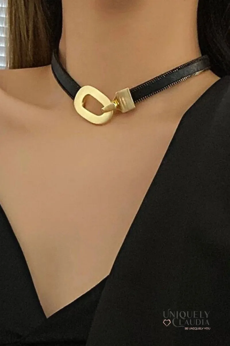 Glam Oval Goldtone Vegan Leather Strap Choker