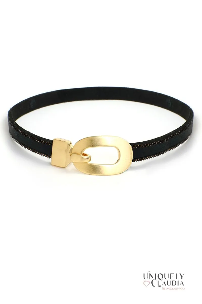 Glam Oval Goldtone Vegan Leather Strap Choker