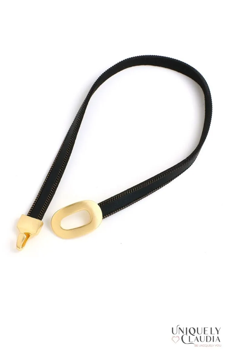 Glam Oval Goldtone Vegan Leather Strap Choker