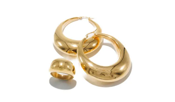 Gold Chunky Dome Ring & Oversized Drop Hoop Earring Set