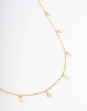 Gold Diamante & Pearl Drop Station Necklace