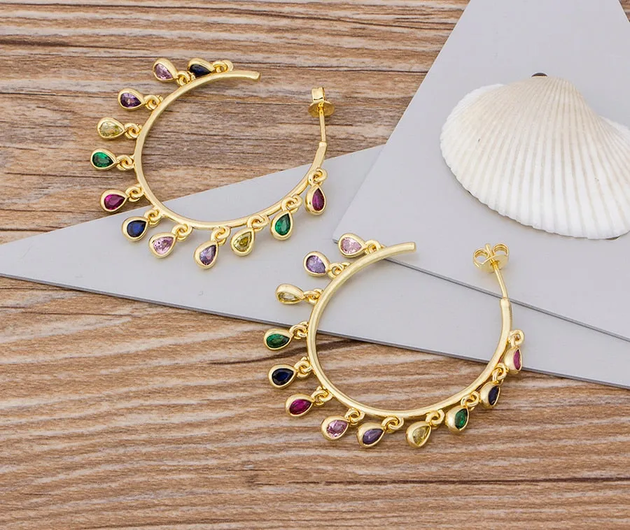 Gold Multi-Color CZ Dangle Charm Hoop Earrings