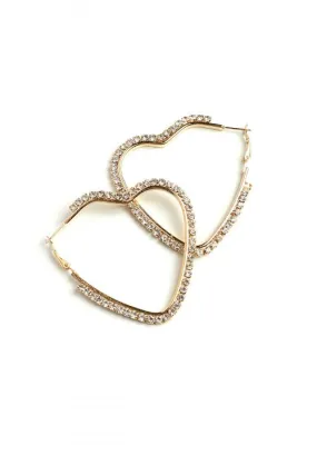 Gold Plate and Rhinestone Heart Hoop Earrings