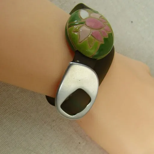 Green Jelly Band Buckle Bracelet Lotus Blossom Handmade Accent