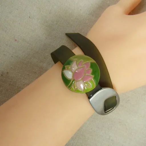 Green Jelly Band Buckle Bracelet Lotus Blossom Handmade Accent