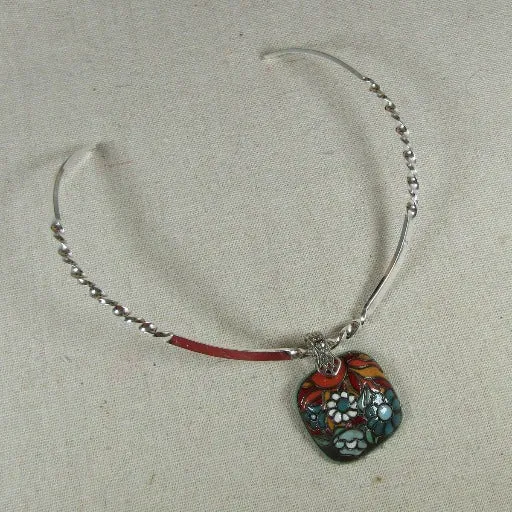 Handmade Brown & Turquoise Ceramic Pendant on Silver Neck Wire