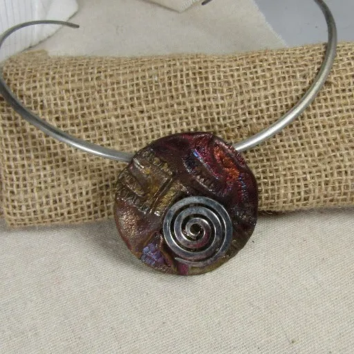 Handmade Multi Colored Raku Artisan Pendant on Silver Choker