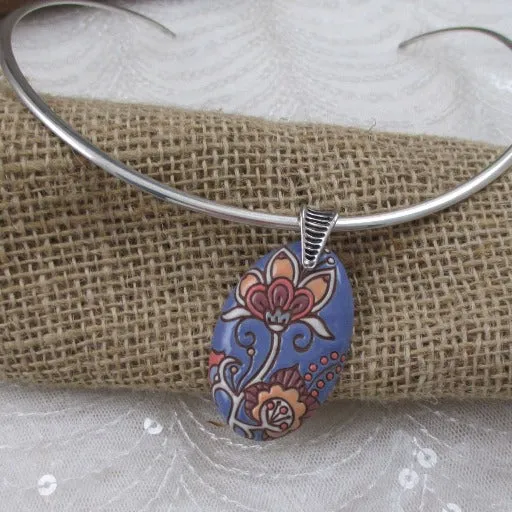 Handmade Periwinkle & Melon Pendant on Silver Neck Wire Flower Style