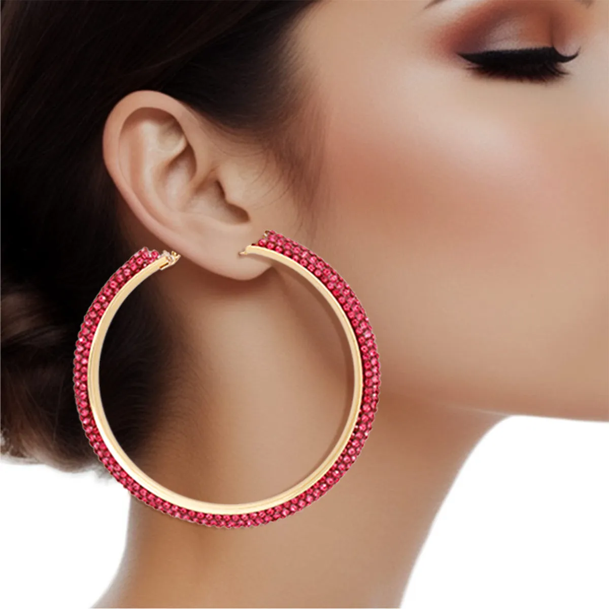 Hoop Pink Tube Rhinestone 3" Earrings for Women