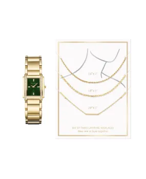 Jessica Carlyle Ladies Metal Tank Gold Watch & Necklace Set