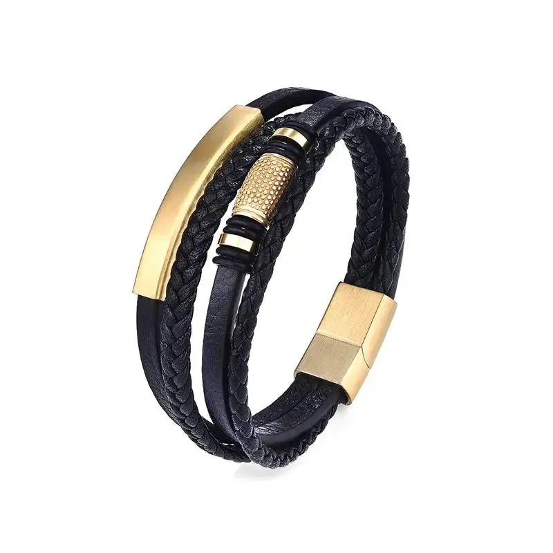 Jiayiqi Punk Genuine Leather Bracelets for Men Stainless Steel Charm Woven Bracelet For Men Birthday Gift Wholesale