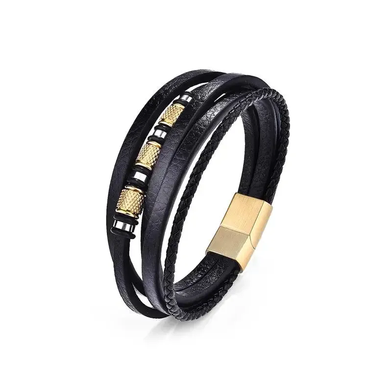 Jiayiqi Punk Genuine Leather Bracelets for Men Stainless Steel Charm Woven Bracelet For Men Birthday Gift Wholesale