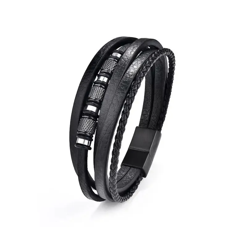 Jiayiqi Punk Genuine Leather Bracelets for Men Stainless Steel Charm Woven Bracelet For Men Birthday Gift Wholesale