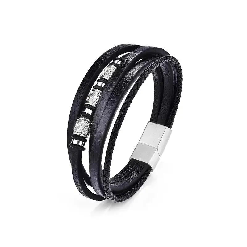 Jiayiqi Punk Genuine Leather Bracelets for Men Stainless Steel Charm Woven Bracelet For Men Birthday Gift Wholesale