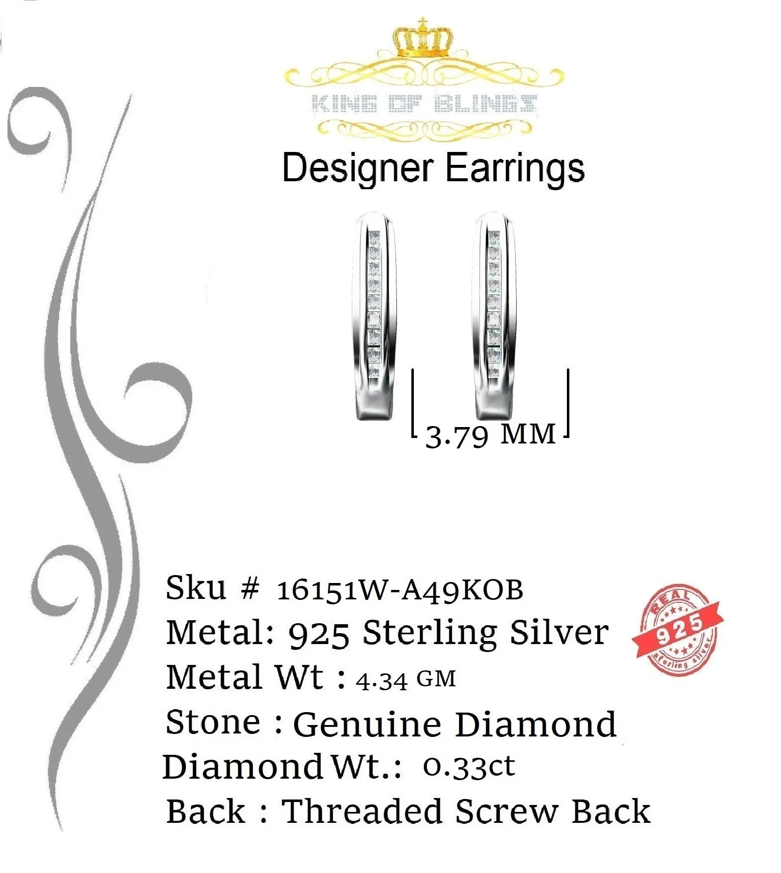 King Of Bling's 0.33ct Diamond 925 Sterling Silver White Hoop Stud Earrings For Men's / Women's