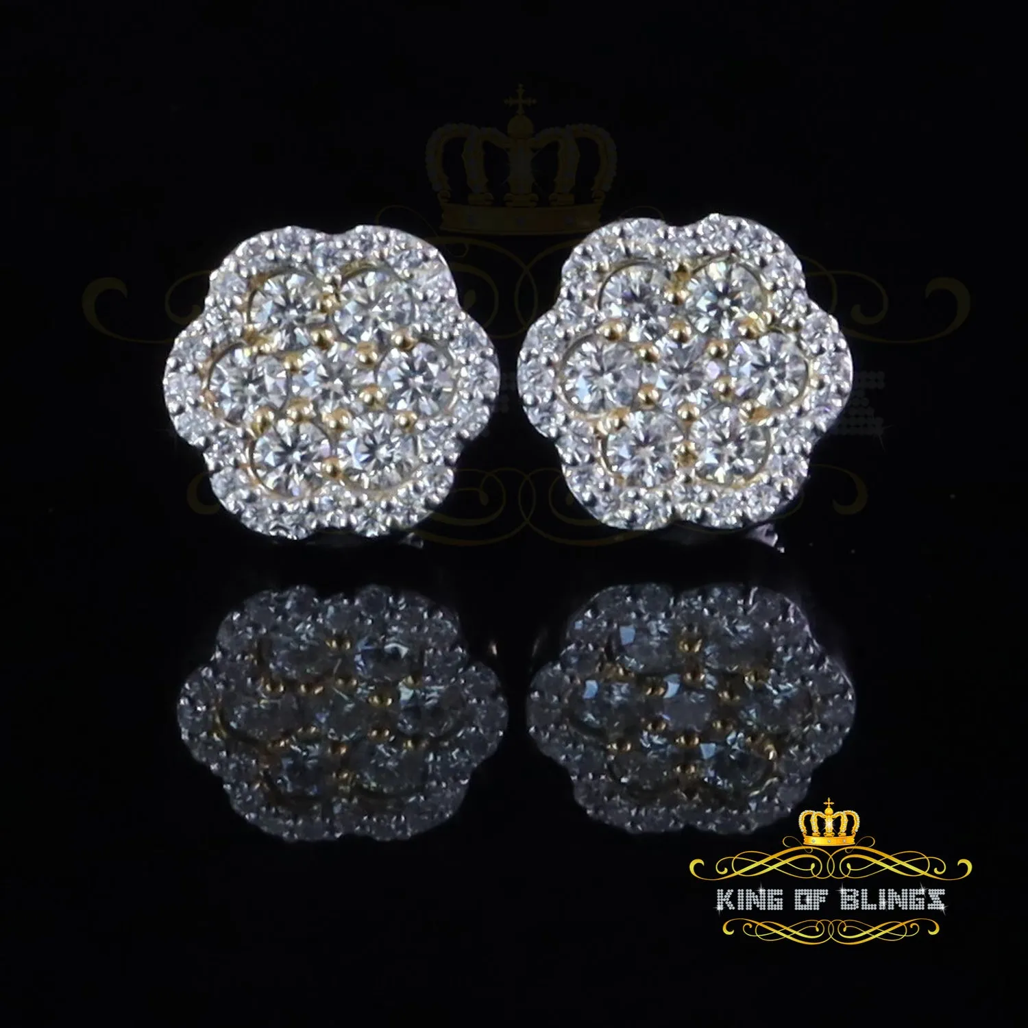 King of Bling's Yellow/White Floral Silver 1.50ct VVS 'D' Moissanite 925 Earrings Men's/Womens