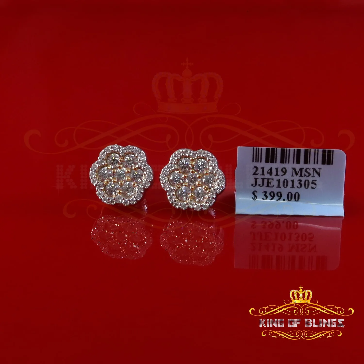 King of Bling's Yellow/White Floral Silver 1.50ct VVS 'D' Moissanite 925 Earrings Men's/Womens