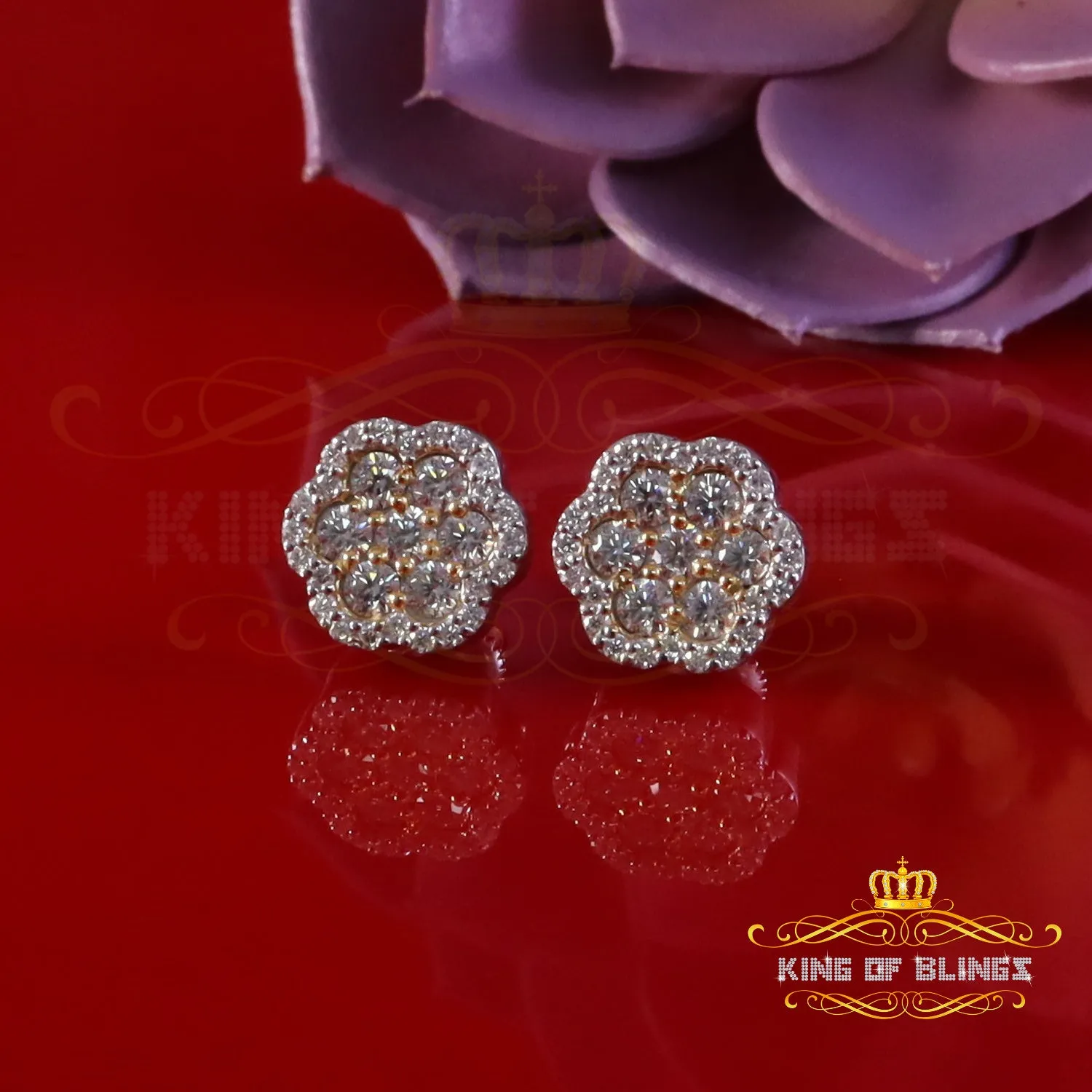 King of Bling's Yellow/White Floral Silver 1.50ct VVS 'D' Moissanite 925 Earrings Men's/Womens