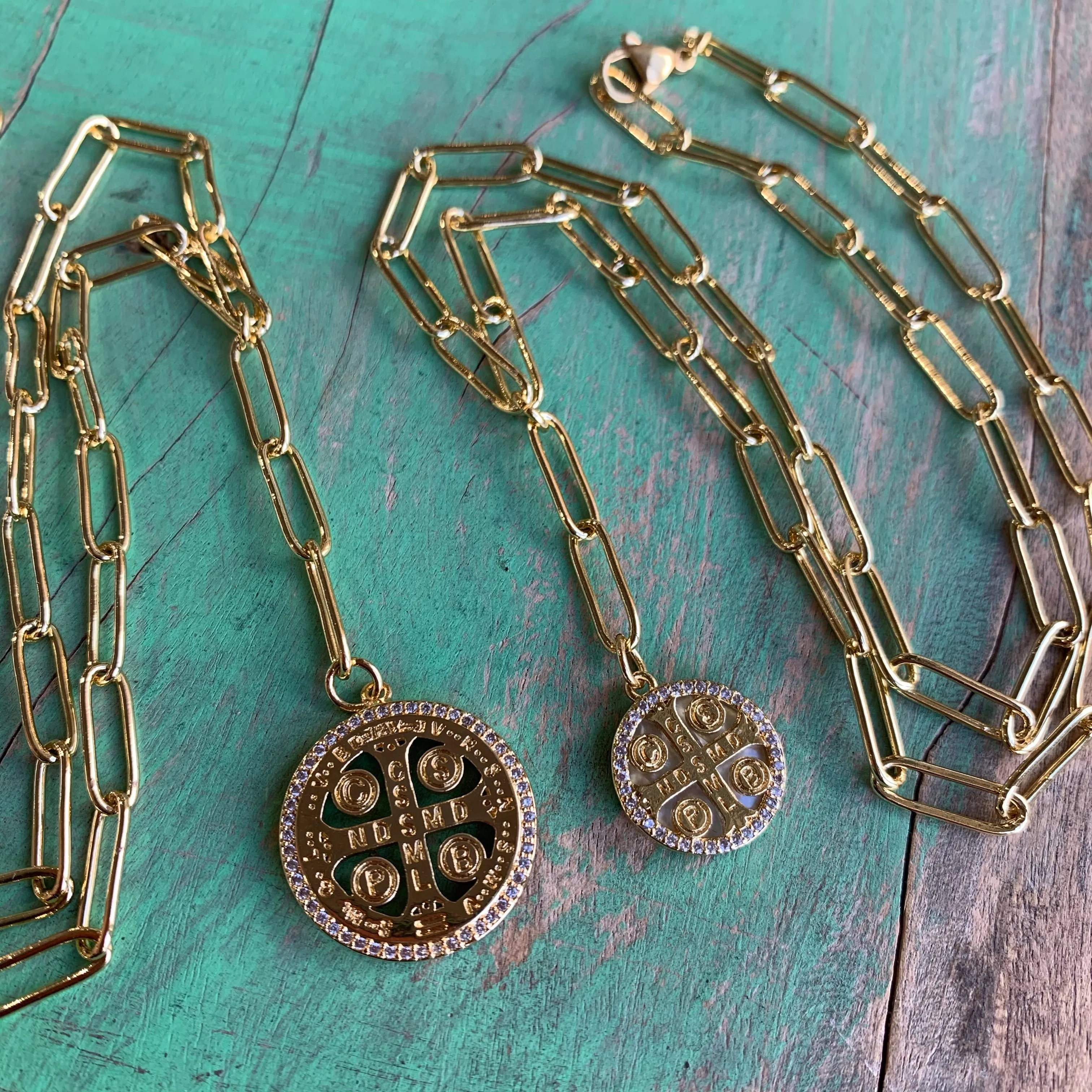 Layering St Benedict Gold Chain Necklaces