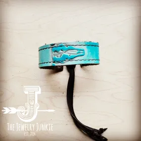 **Narrow Leather Cuff w/ Adjustable Tie Turquoise Steer Head 013j