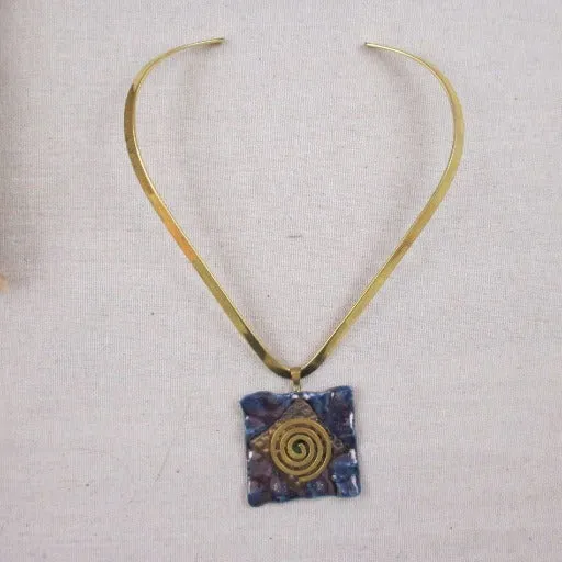 Navy Blue Handmade  Raku Pendant  Spiral On Gold Neck Wire