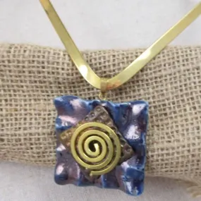 Navy Blue Handmade  Raku Pendant  Spiral On Gold Neck Wire