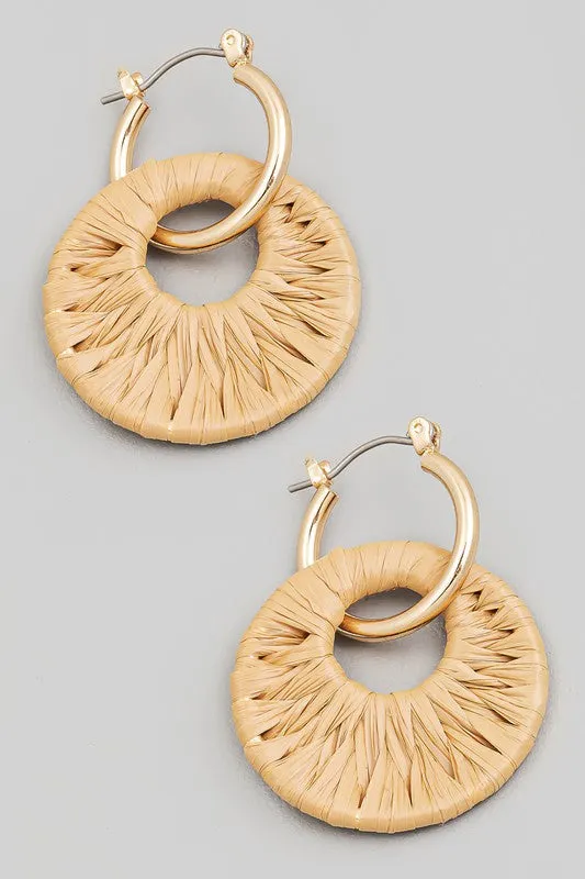 Raffia Wrapped Disc Charm Hoop Earrings