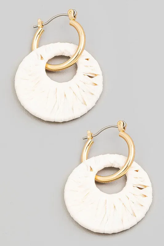 Raffia Wrapped Disc Charm Hoop Earrings