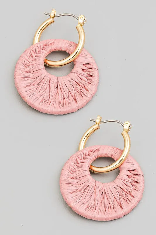 Raffia Wrapped Disc Charm Hoop Earrings