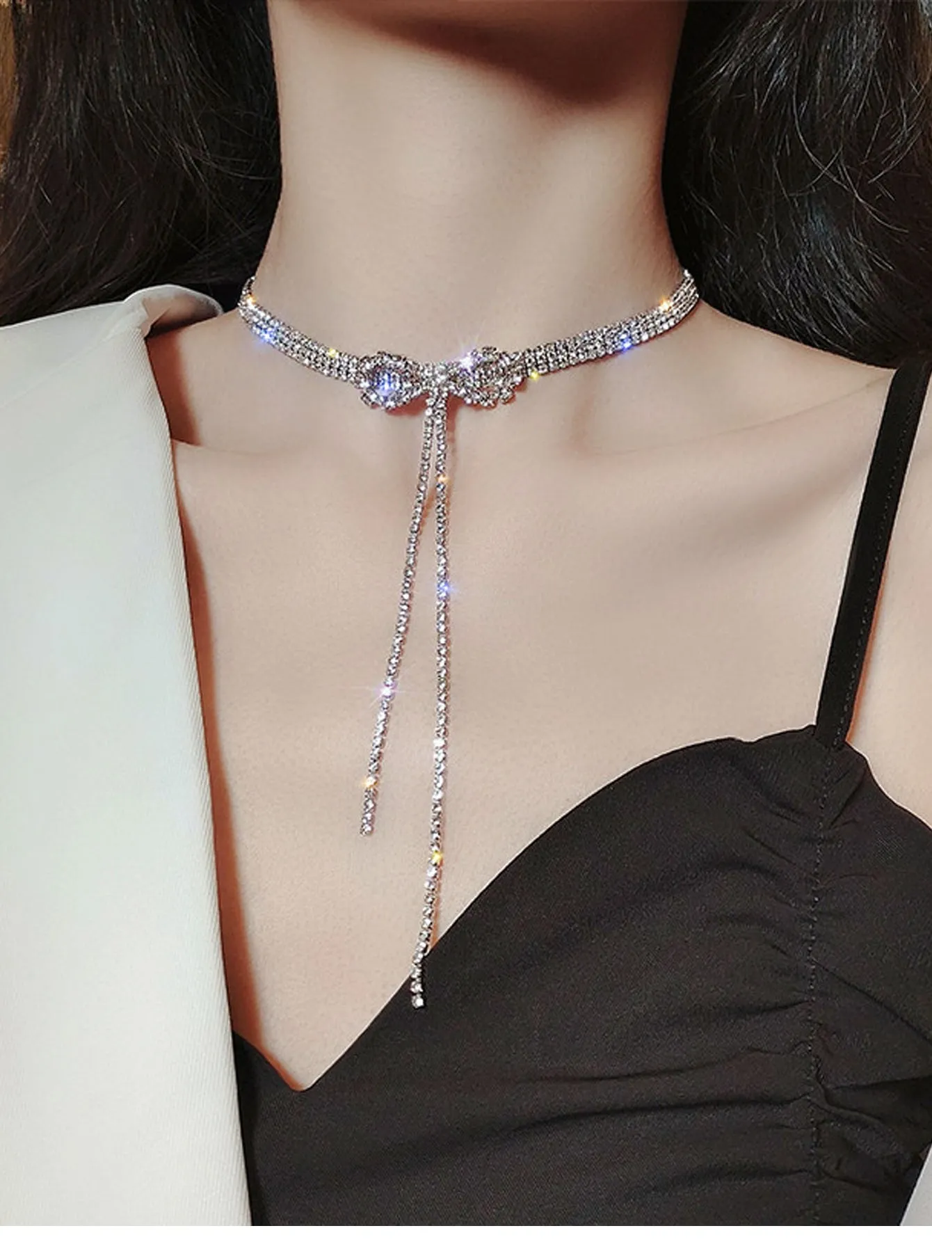 Rhinestone Bow Decor Choker with Tassel for Women Jewelry for Women Necklace