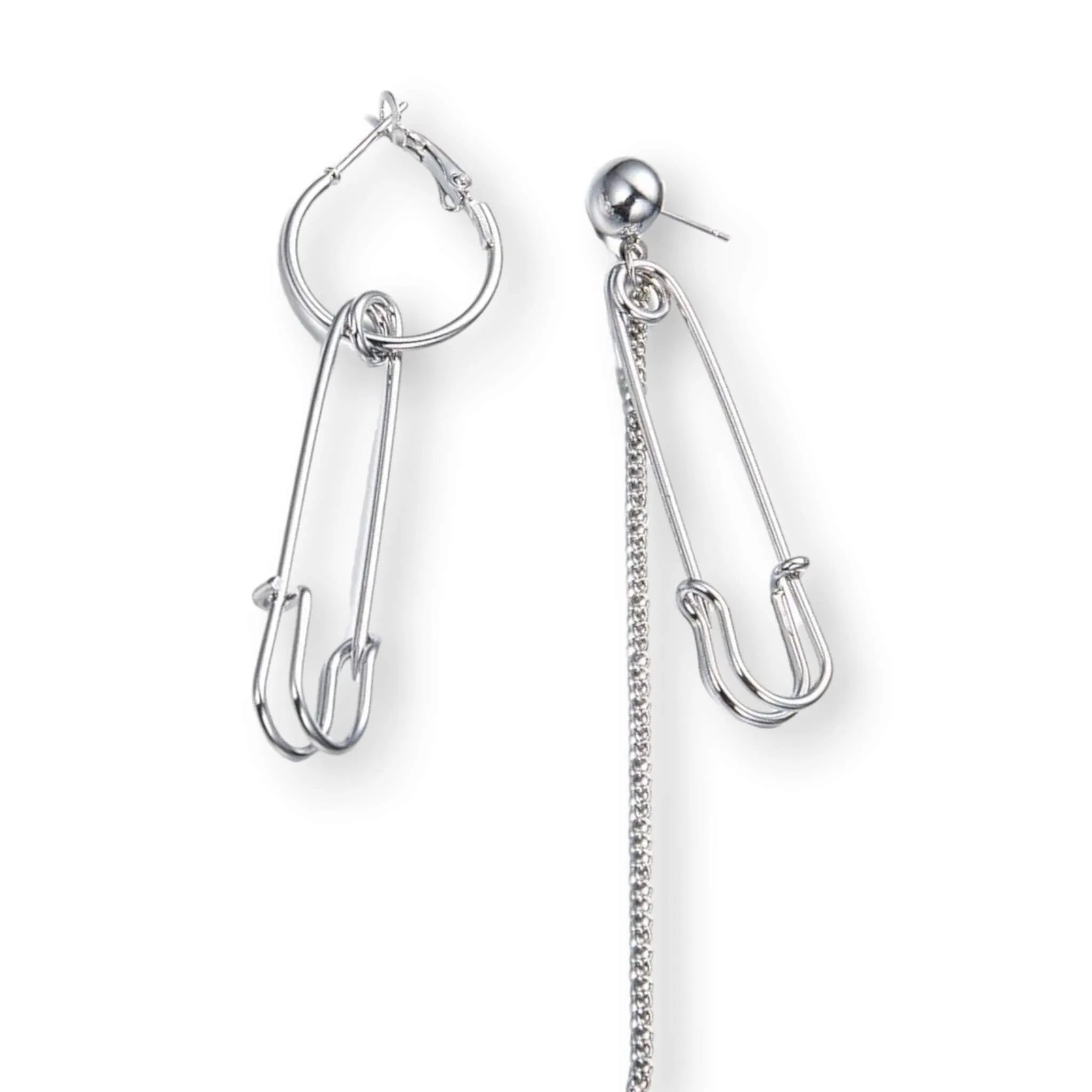 Silver Asymmetric Safety Pin Earrings