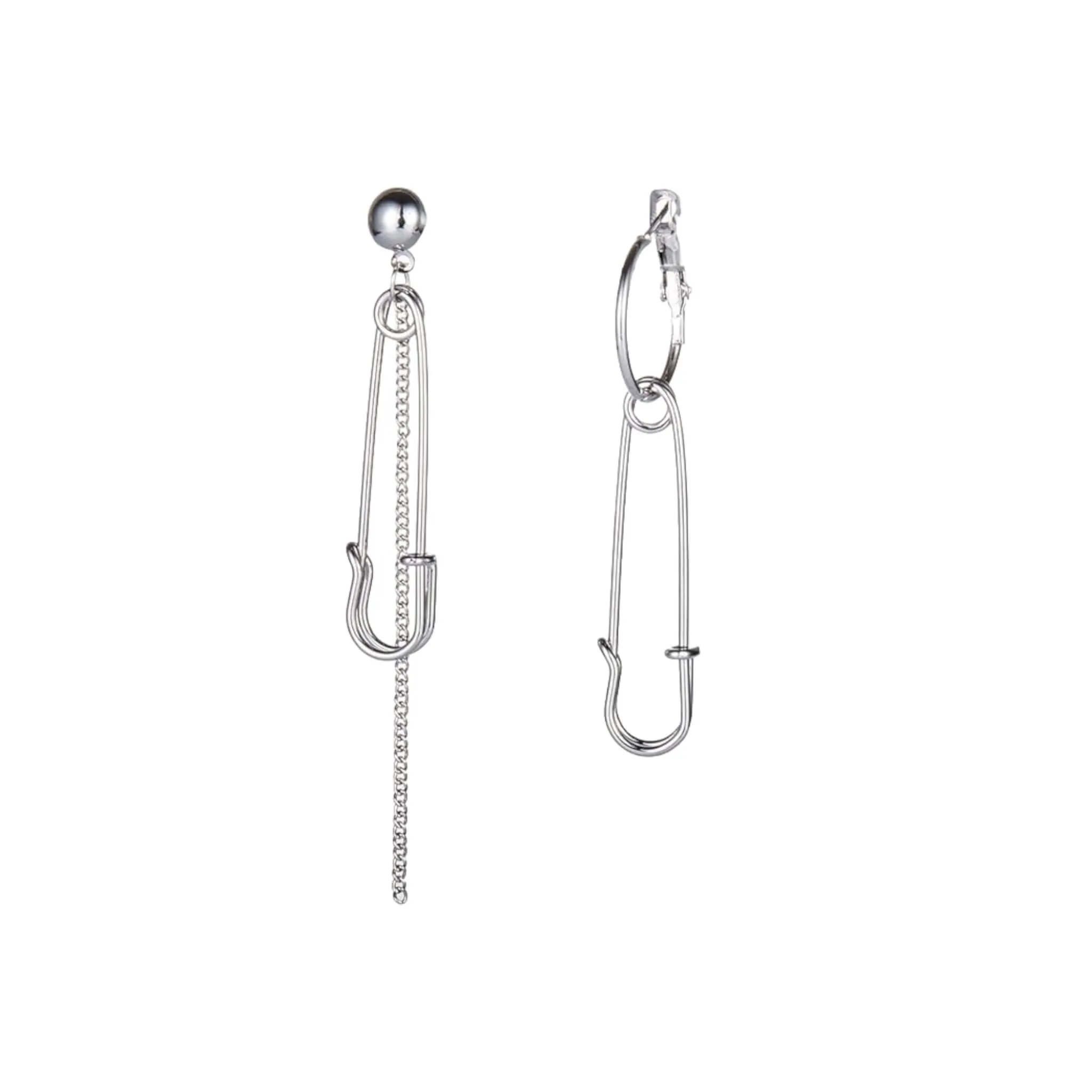 Silver Asymmetric Safety Pin Earrings