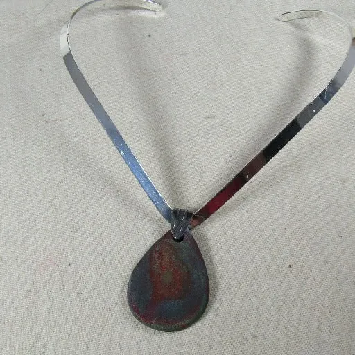 Silver Choker with Handmade Blue Teardrop Raku Pendant