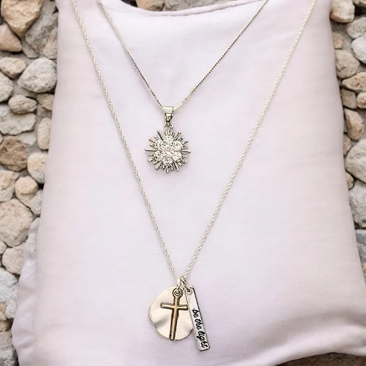 Silver Cross Be the Light Layered Necklace Set