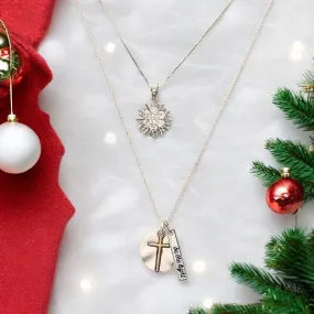 Silver Cross Be the Light Layered Necklace Set