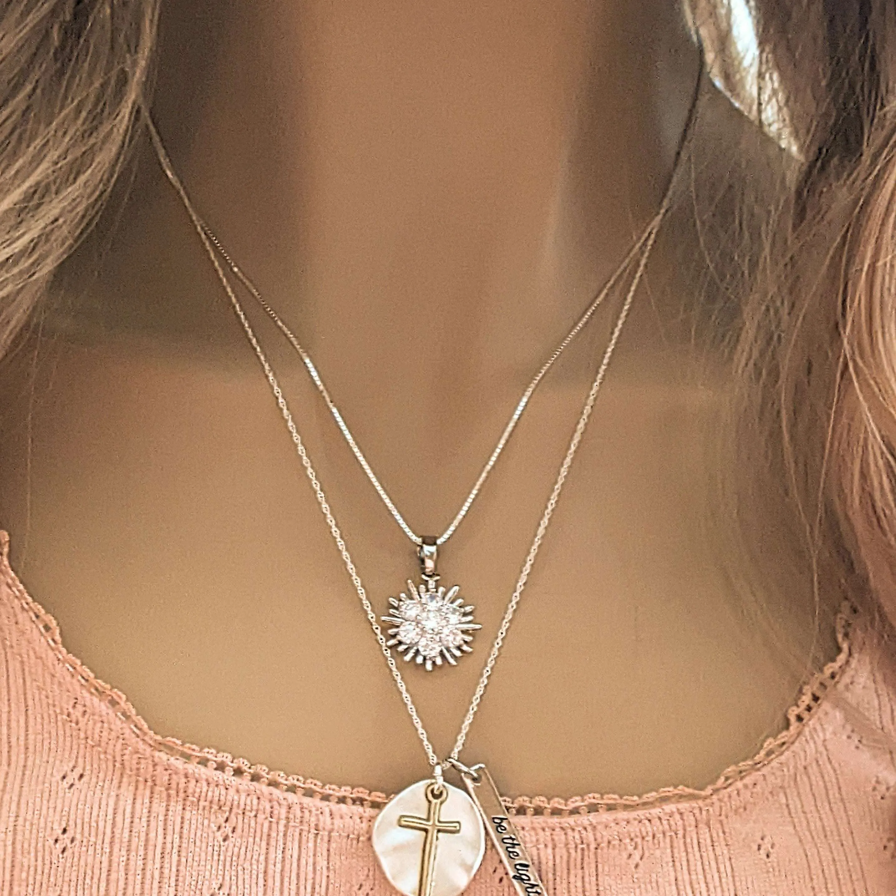 Silver Cross Be the Light Layered Necklace Set