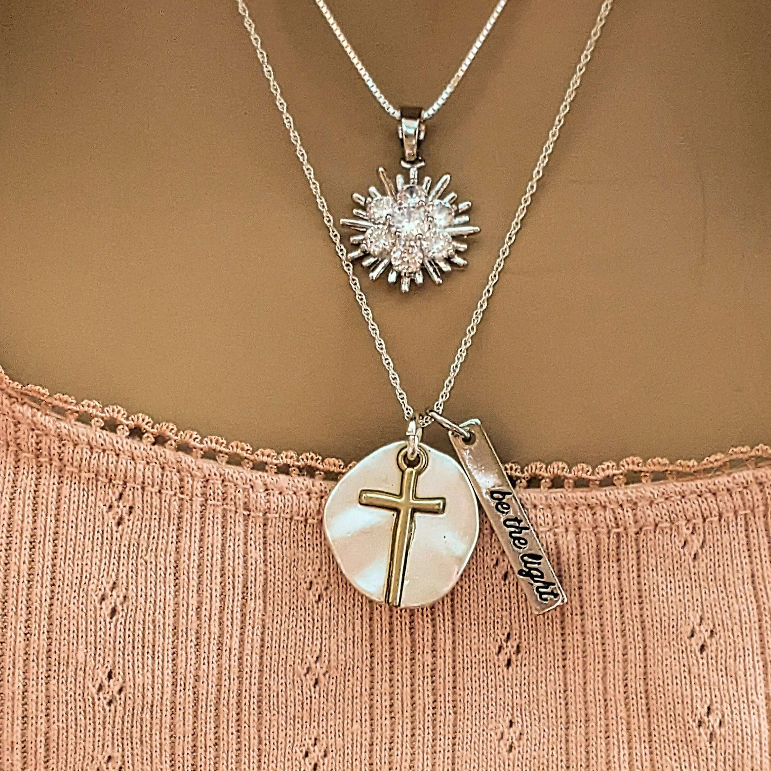 Silver Cross Be the Light Layered Necklace Set