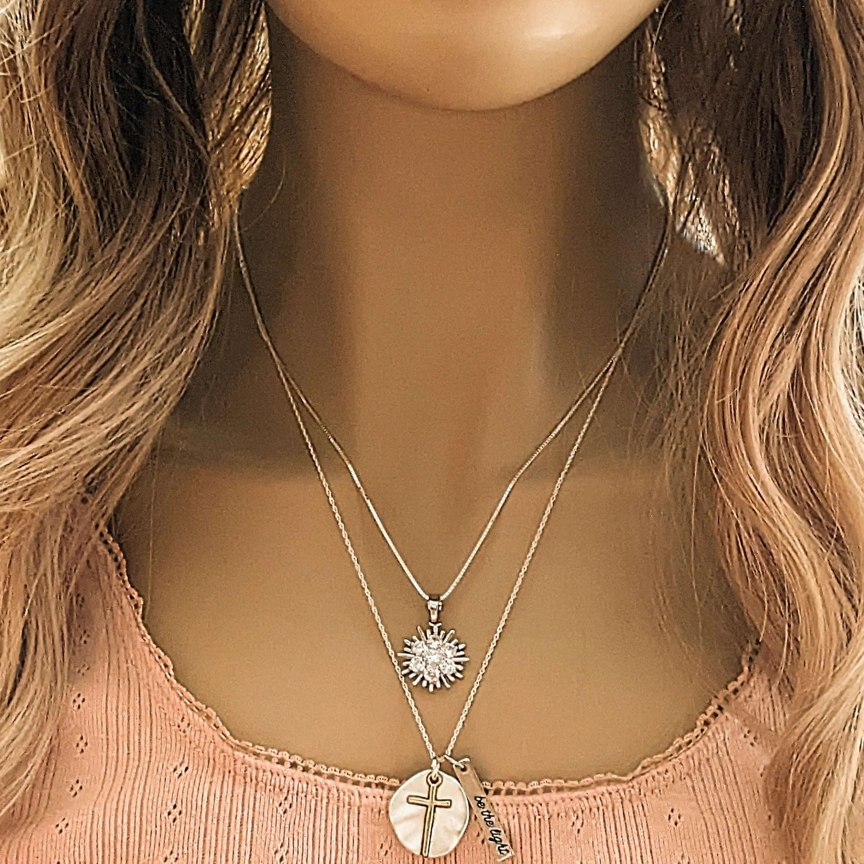 Silver Cross Be the Light Layered Necklace Set