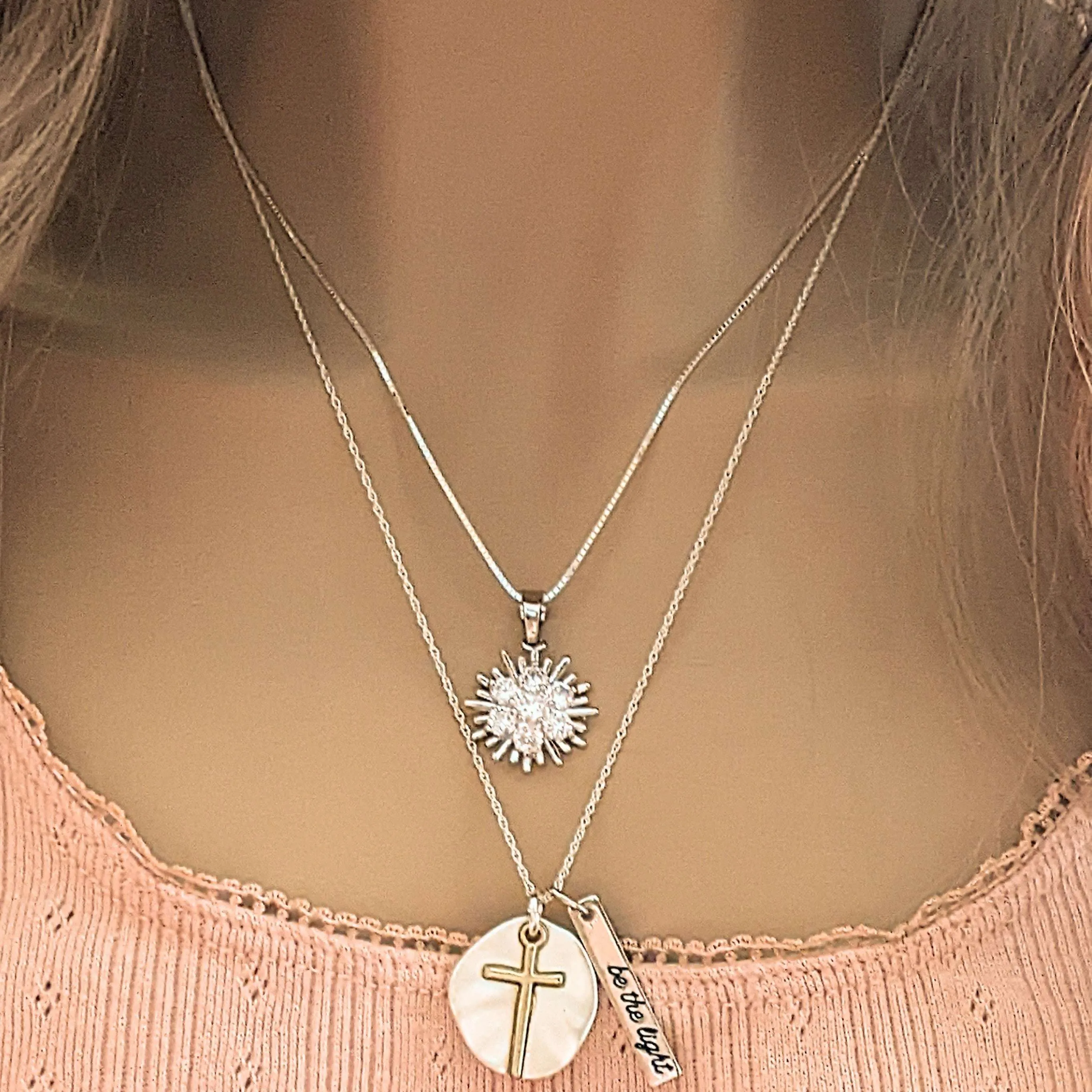 Silver Cross Be the Light Layered Necklace Set