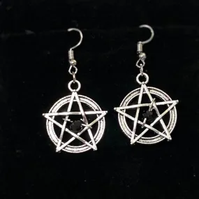 Silver Pentacle Black Bead Drop Earrings