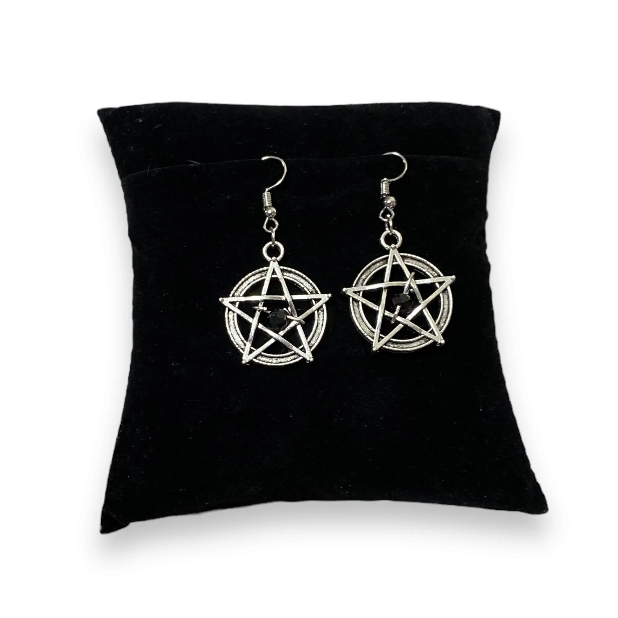 Silver Pentacle Black Bead Drop Earrings