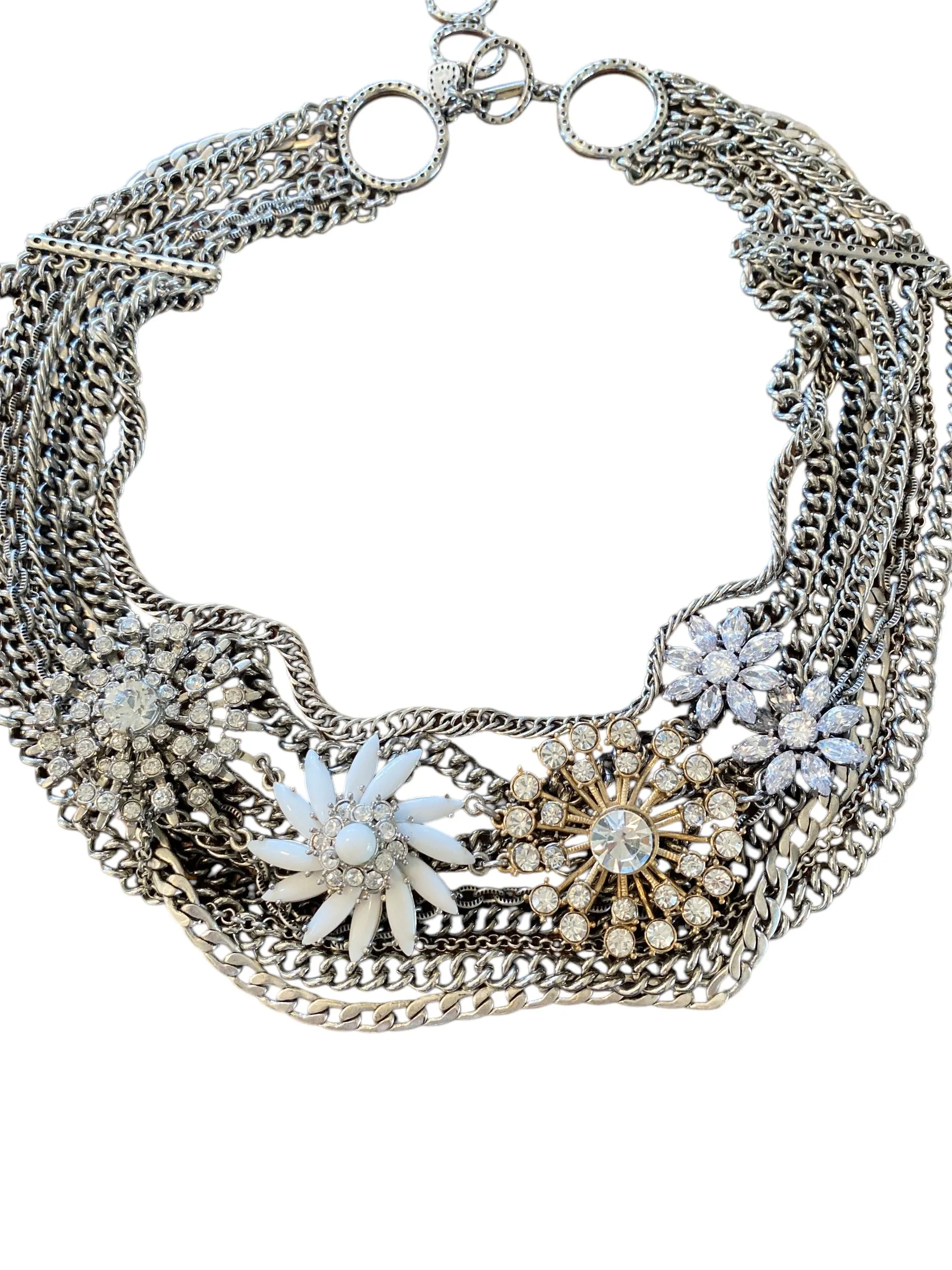 Stella & Dot Multi-Chain Necklace with Vintage Flowers Silver Multi