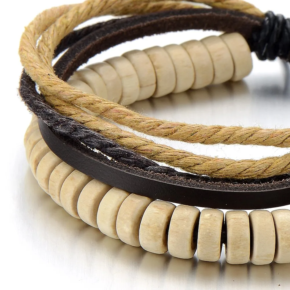 Tribal Ivory Mens Womens Leather Rope Bracelet with Wood Beads String Wristband Wrap Bracelet